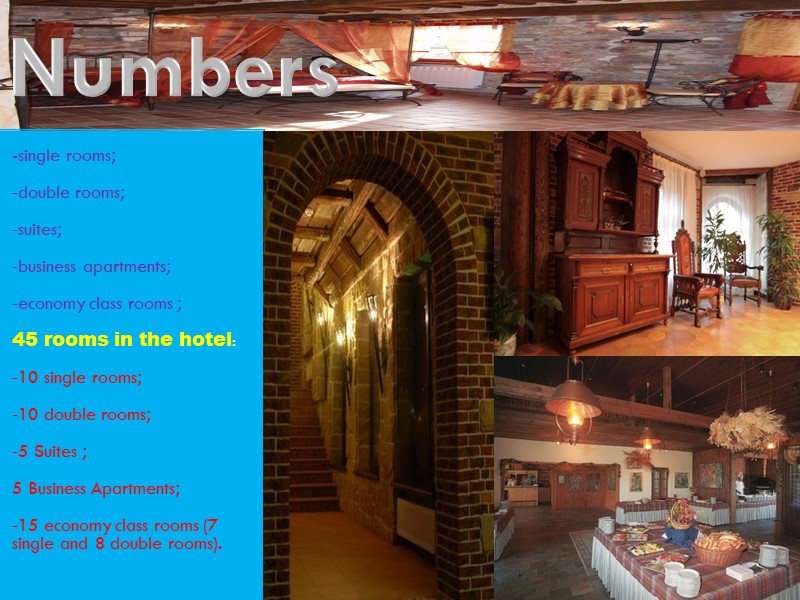 Numbers -single rooms; -double rooms; -suites; -business apartments; -economy class rooms ; 45 rooms